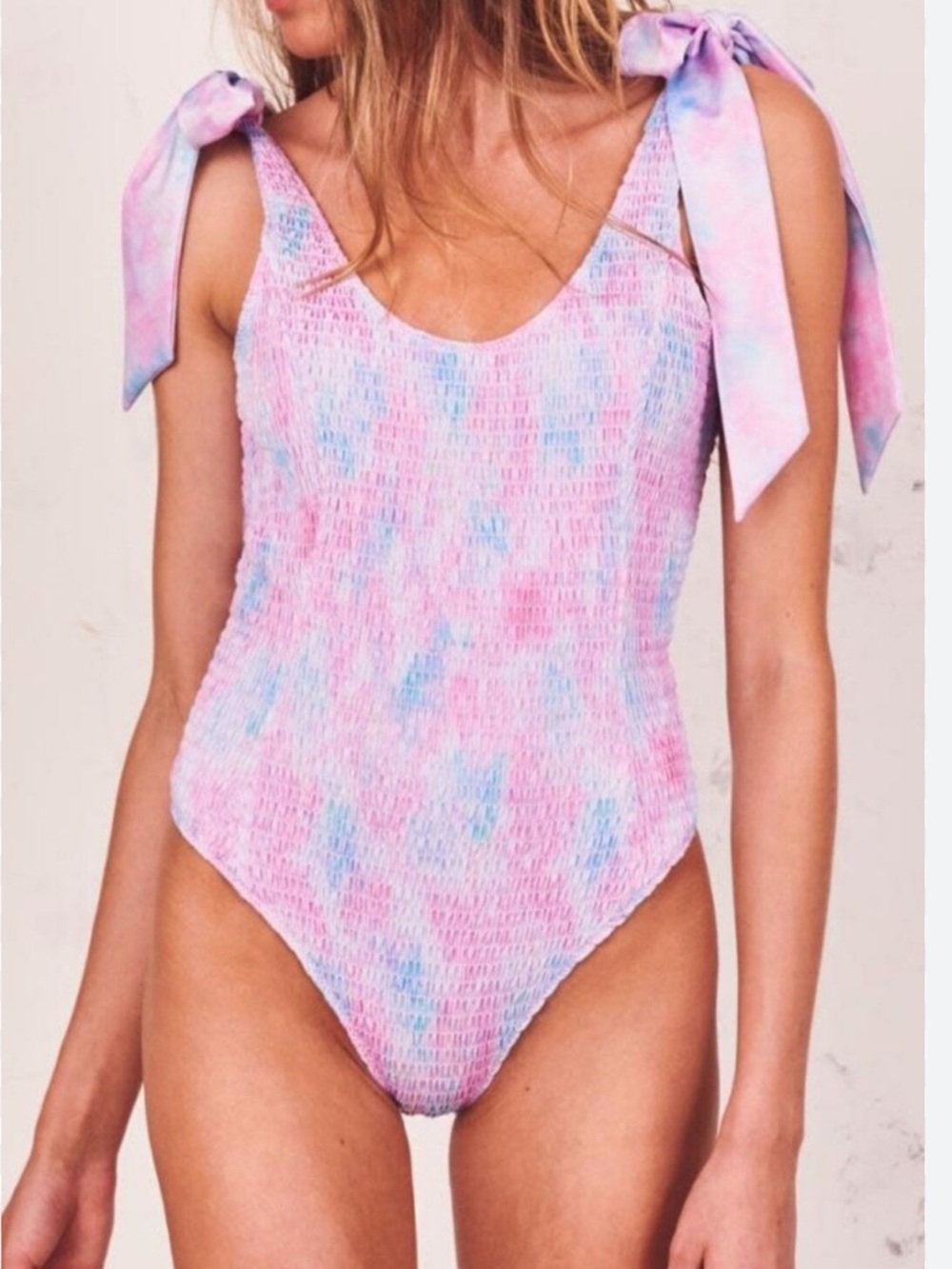 LoveShackFancy Pastel Tie-Dye Smocked Swimsuit in Pink and Blue